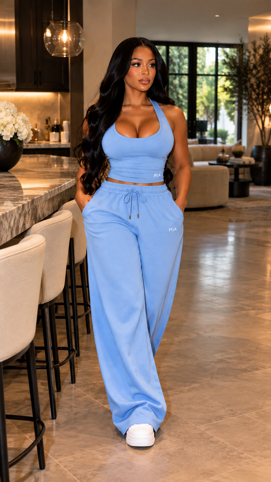 Sky blue athleisure look