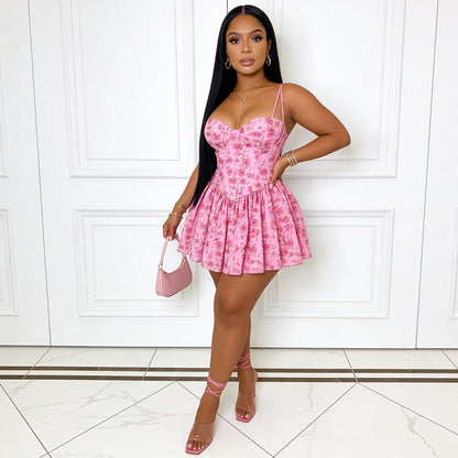 Pink Floral Corset Spaghetti Strap Mini Dress