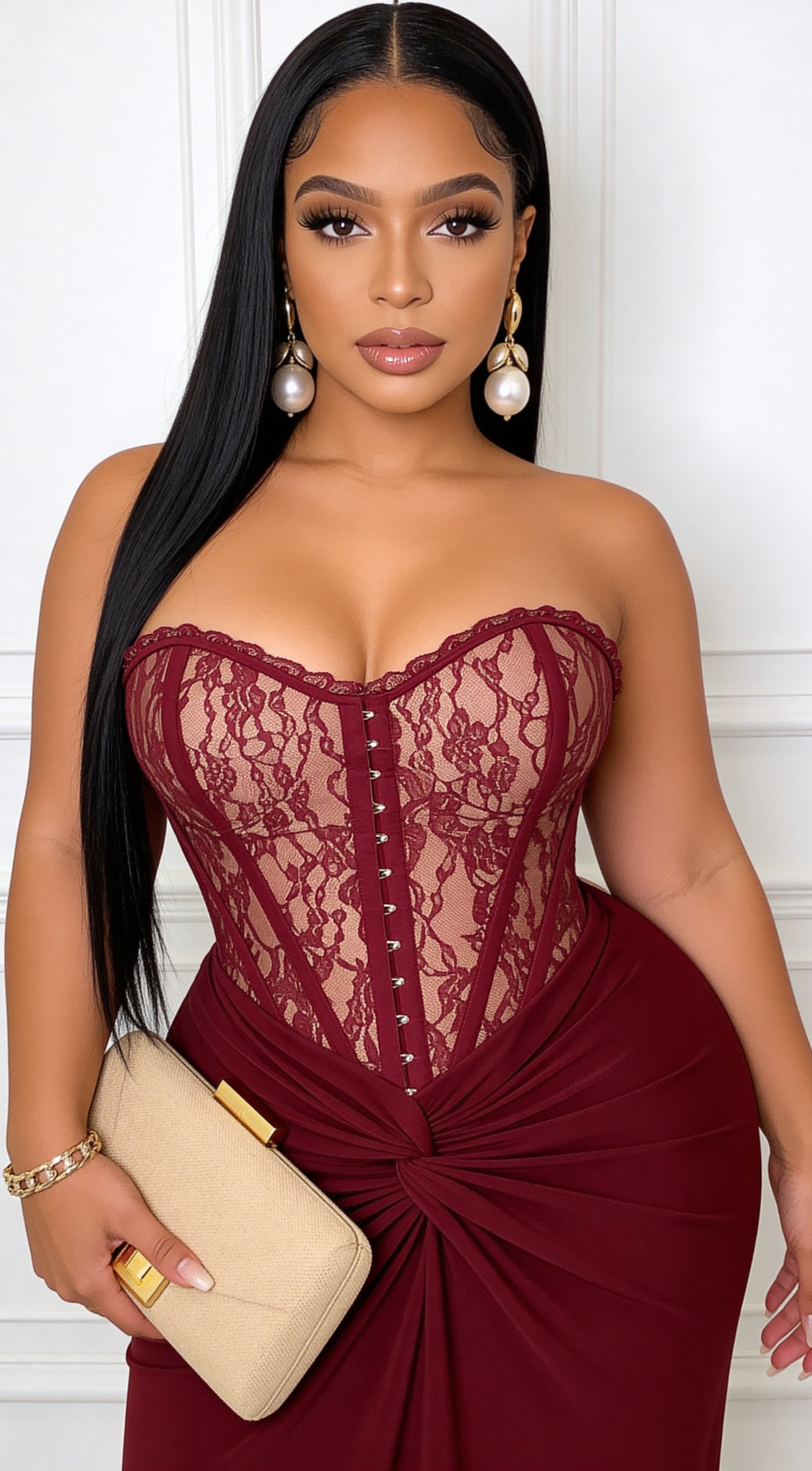 Burgundy Lace Corset Gown - close up
