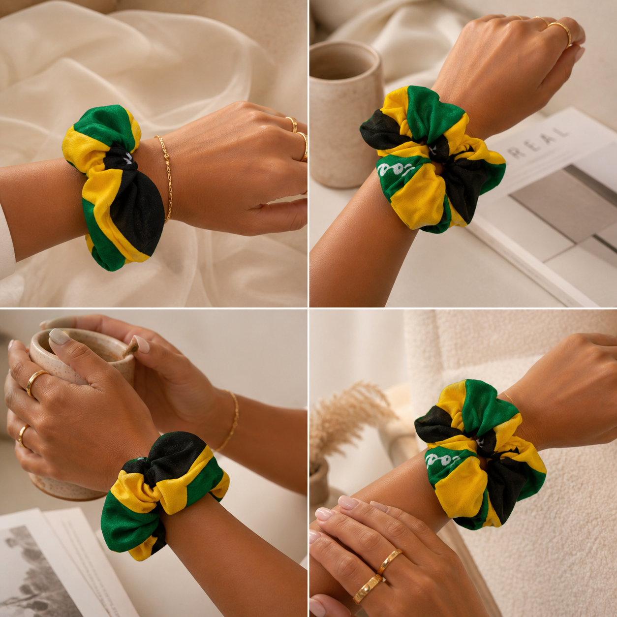 Jamaica Flag Scrunchie on wrist collage